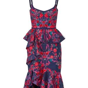 Marchesa Notte Embroidered Peplum Dress